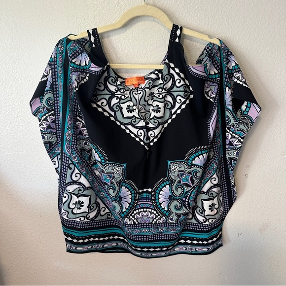 Hale Bob Cabana top small print open shoulder strapped flowy blouse - Picture 1 of 6